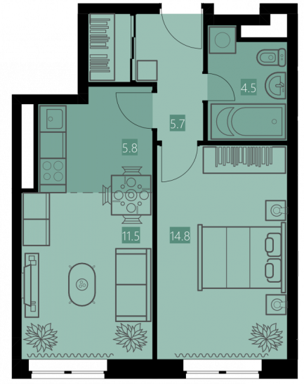 Двухкомнатная квартира 42.3 м²